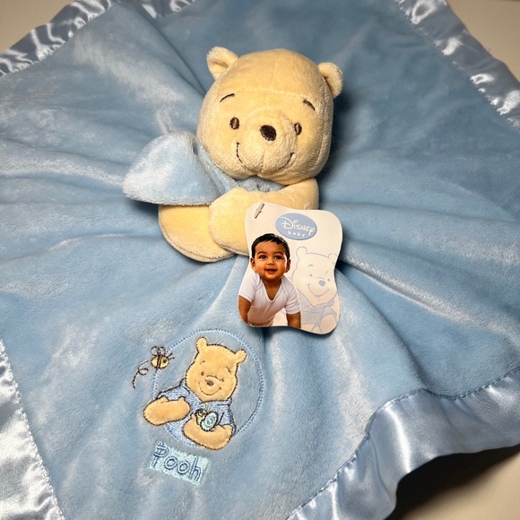 Vintage Winnie The Pooh Disney Baby Lovey Blanket Blue Plush Satin Rattle - Picture 1 of 6